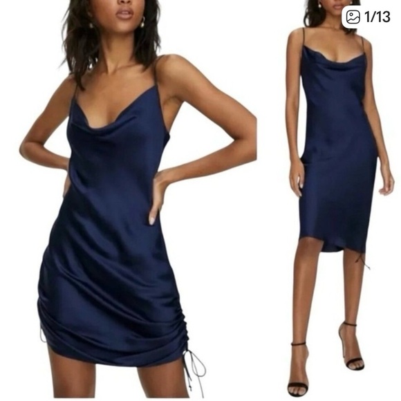 Aritzia Wilfred Dress Davina Ruched Side Cowl Neck Silky Cupro Gray Blue Sexy XS - Picture 11 of 11